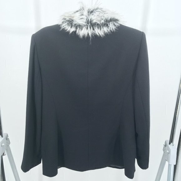 VTG Kasper 100% Wool Removeable Faux Fur Collar Blazer/Light Jacket 12 Black/Tan - Picture 2 of 16